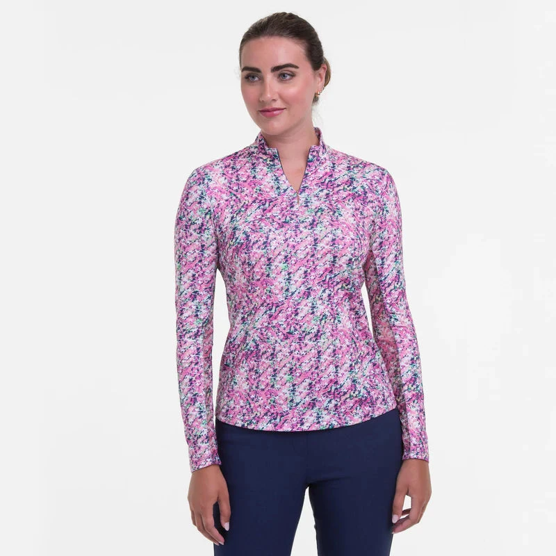 EPNY Ladies Long Sleeve Broken Geometric Zip Mock Inky Multi 1 EPNY Ladies Long Sleeve Broken Geometric Zip Mock Inky Multi