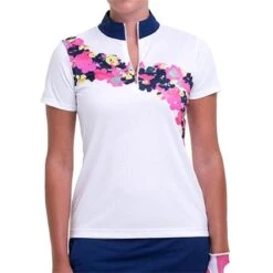 EPNY Ladies Zip Mock Floral Polo Shirt White Multi