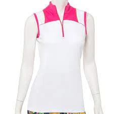 EP New York Ladies SLEEVELESS COLOR BLOCKED ZIP MOCK POLO W/ SHIRRED MESH BACK DETAIL